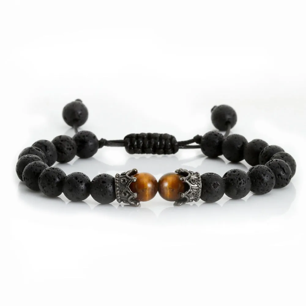 Black Lava Stone Bracelet with Crown Charm & Tiger Eye Beads