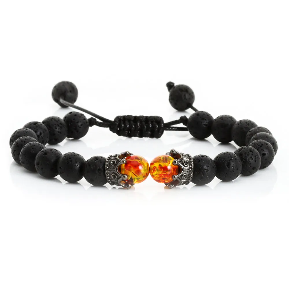 Black Lava Stone Bracelet with Crown Charm & Tiger Eye Beads