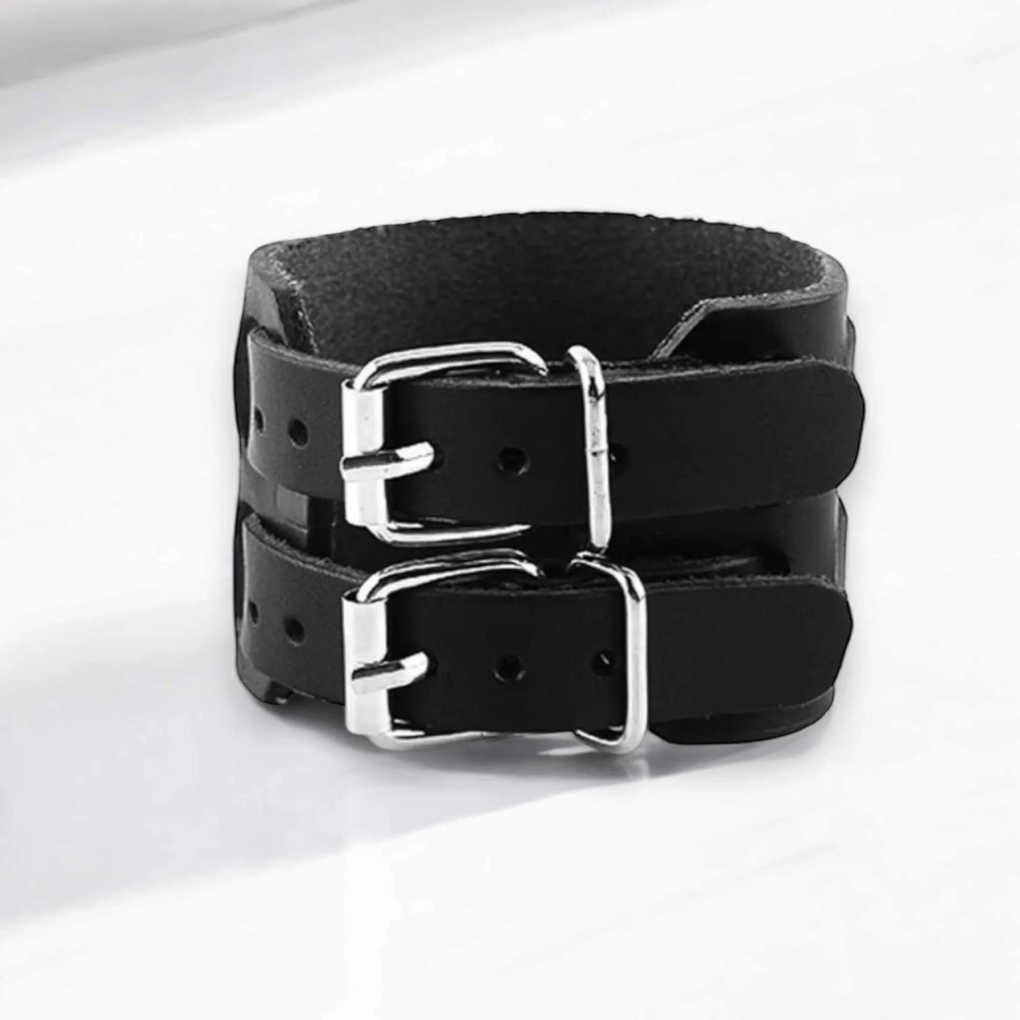 Black Leather Buckle Straps Cuff Bracelet