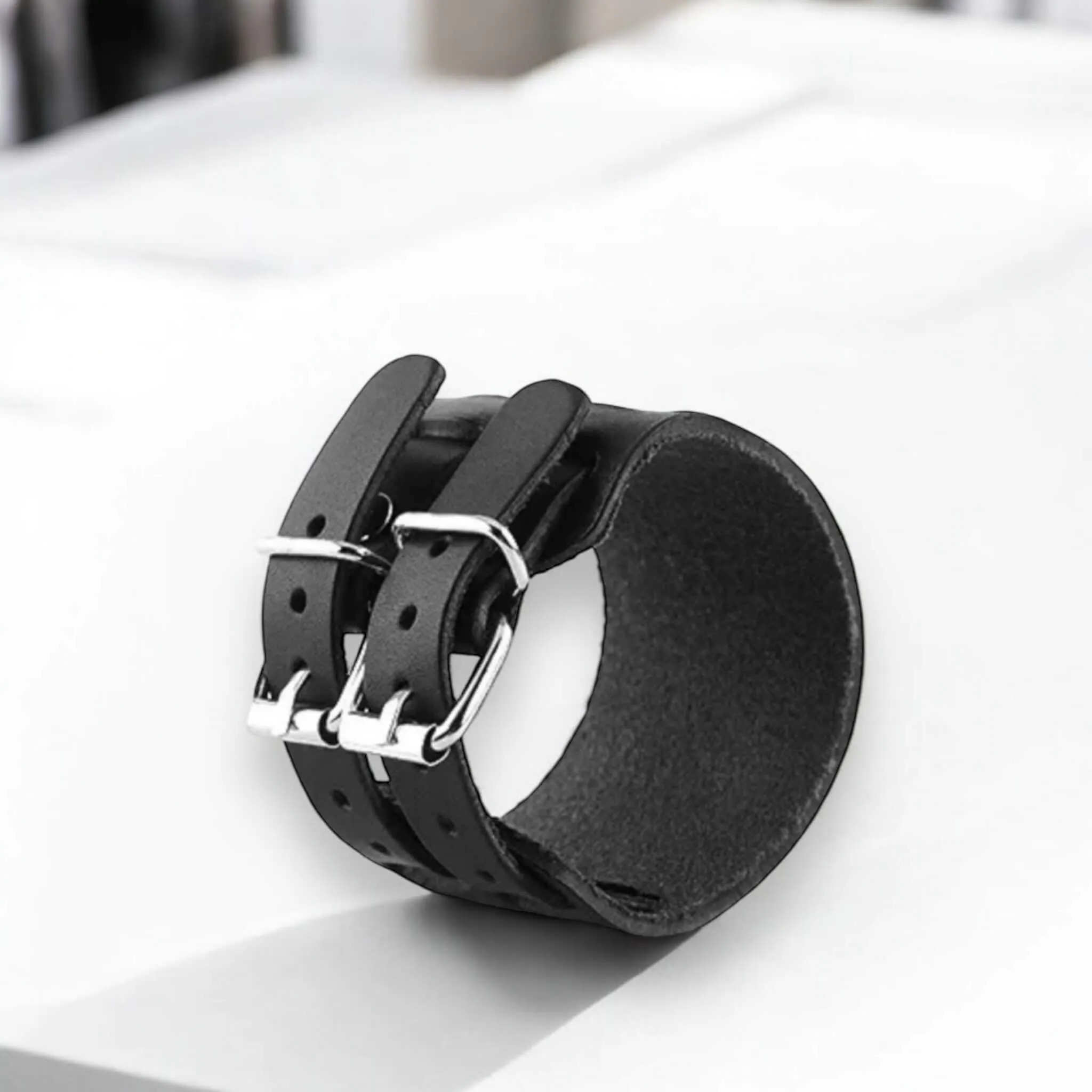 Black Leather Buckle Straps Cuff Bracelet