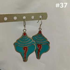 Bohemian Gypsy Indian Vintage Tibetan Coral and Turquoise Silver Inlay Conch Sankh Shell Earrings #37