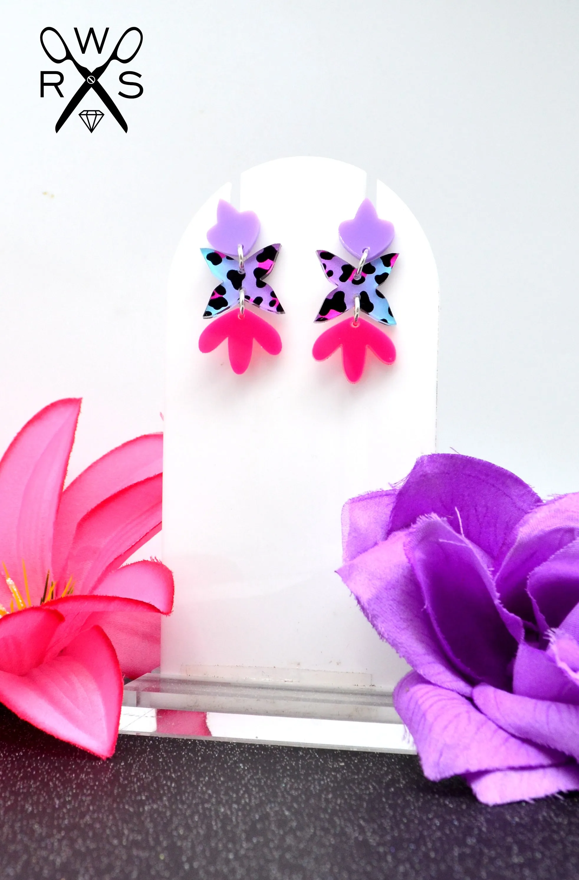 Charlotte Dangles in Pink Leopard Laser Cut Acrylic Earrings