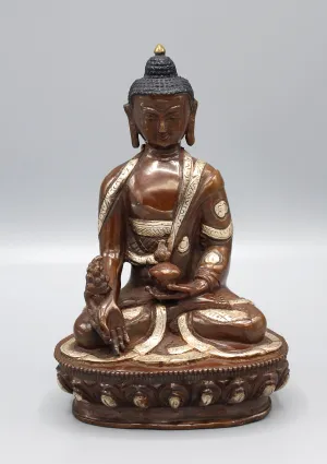 Copper Medicine Buddha Statue Inlaid Silver Robe