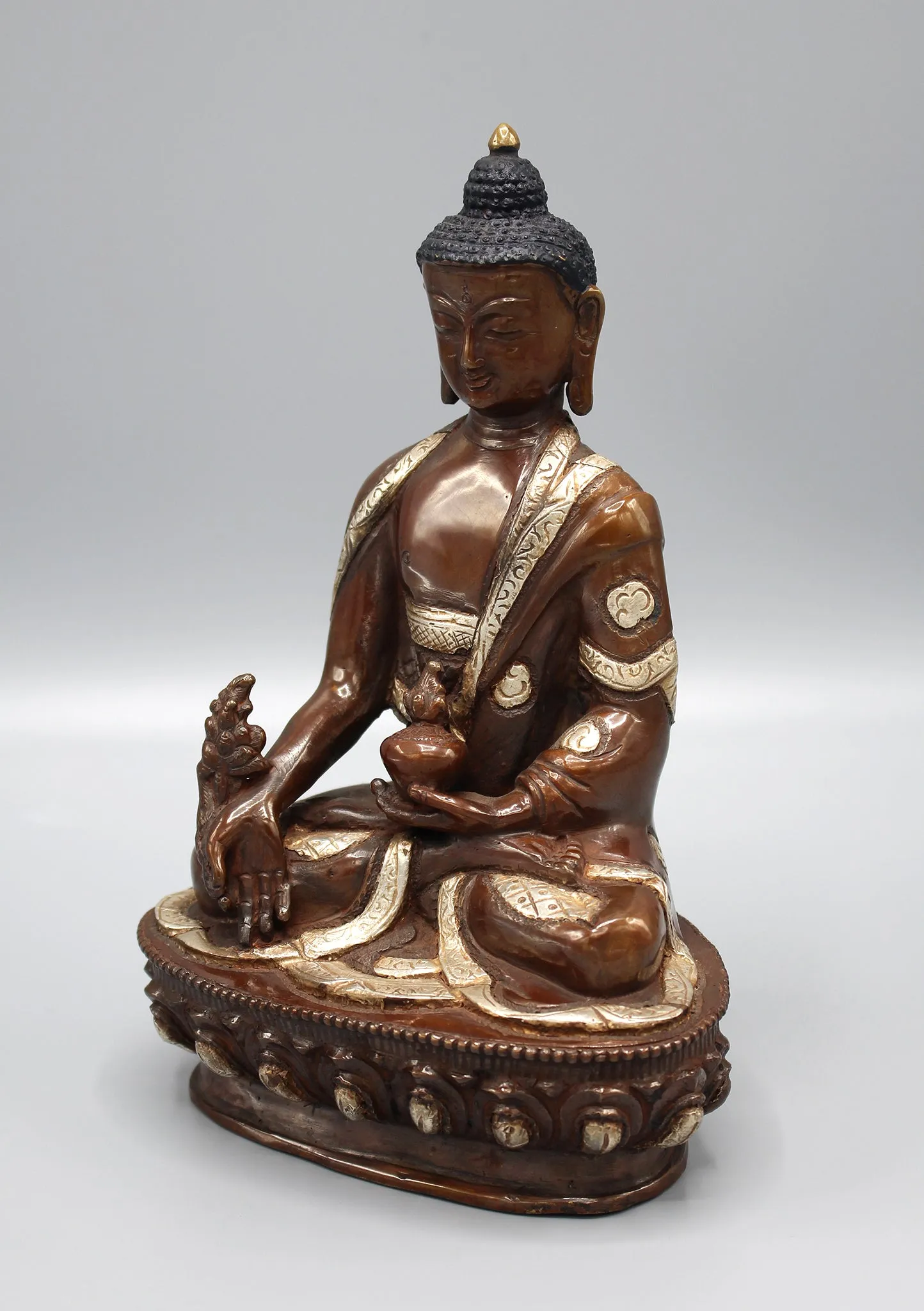 Copper Medicine Buddha Statue Inlaid Silver Robe