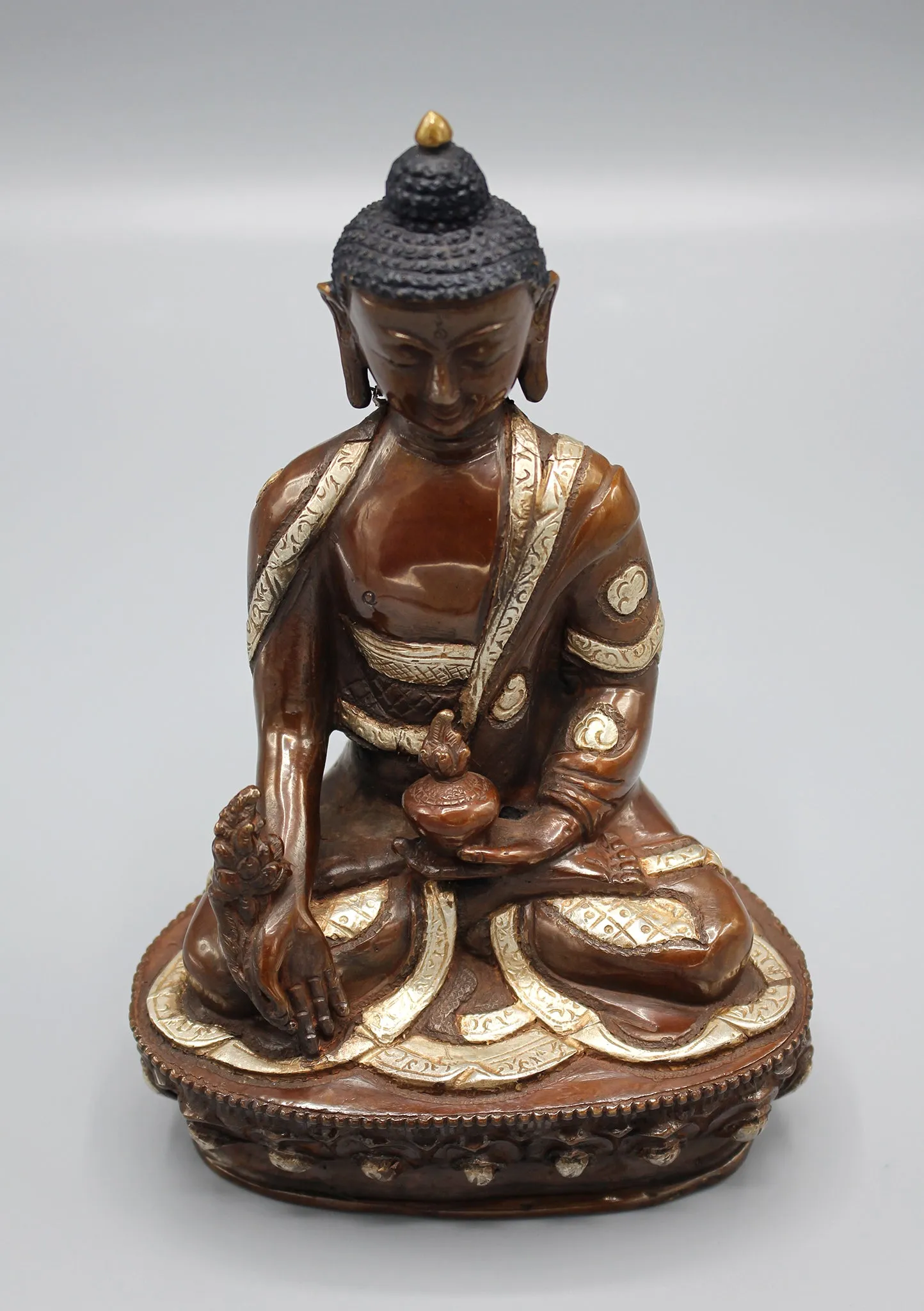 Copper Medicine Buddha Statue Inlaid Silver Robe