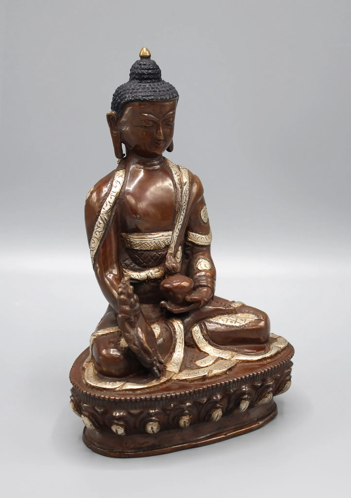 Copper Medicine Buddha Statue Inlaid Silver Robe
