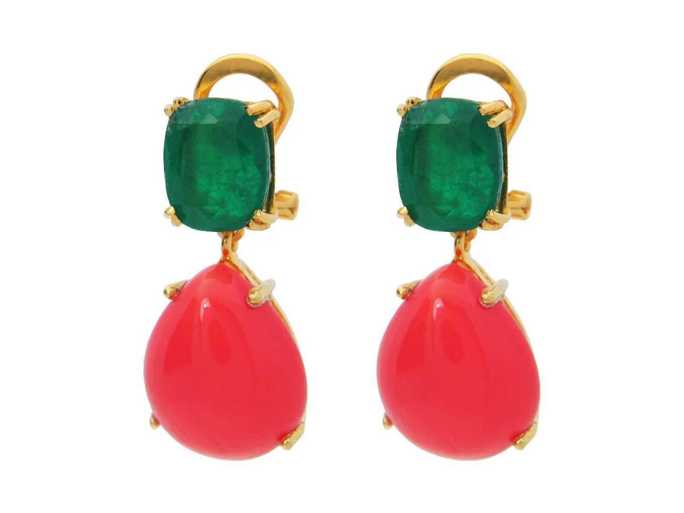 Coral & Emerald Doublet Earrings, 1"