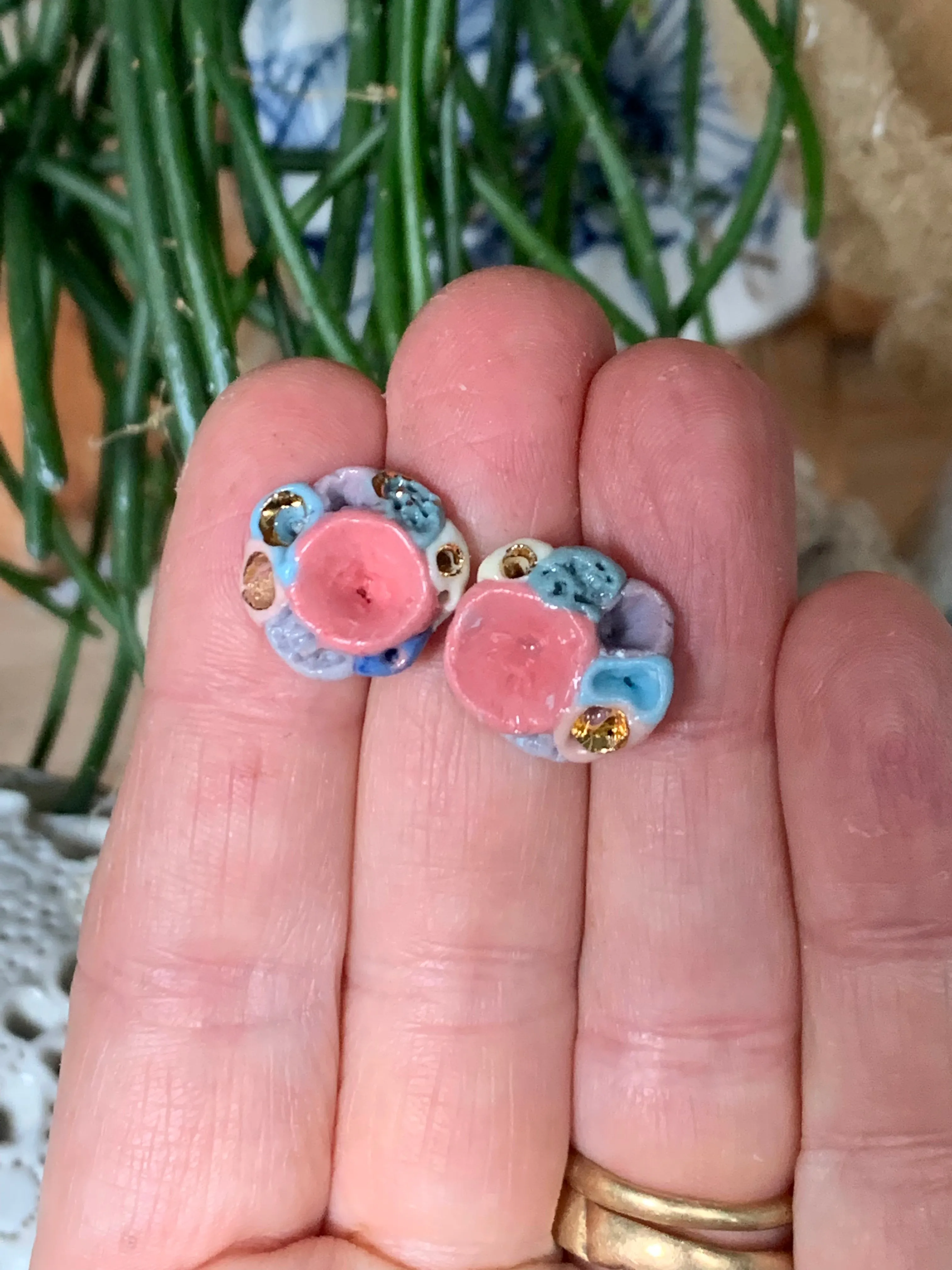 Coral and gold lustre porcelain ‘coral’ studs, choose a pair