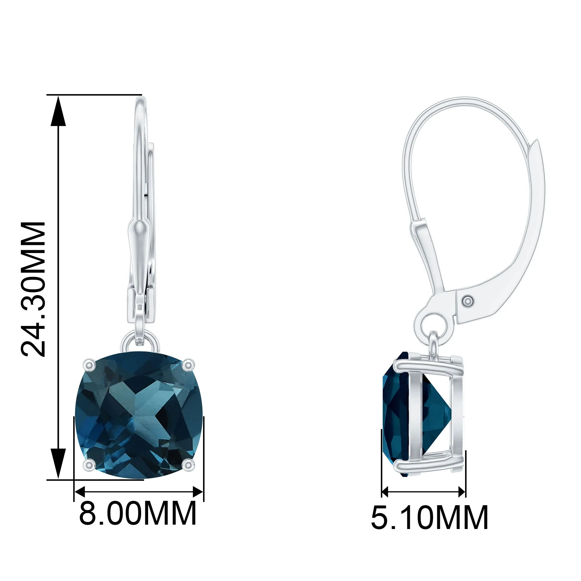 Cushion Cut London Blue Topaz Drop Lever Back Earrings