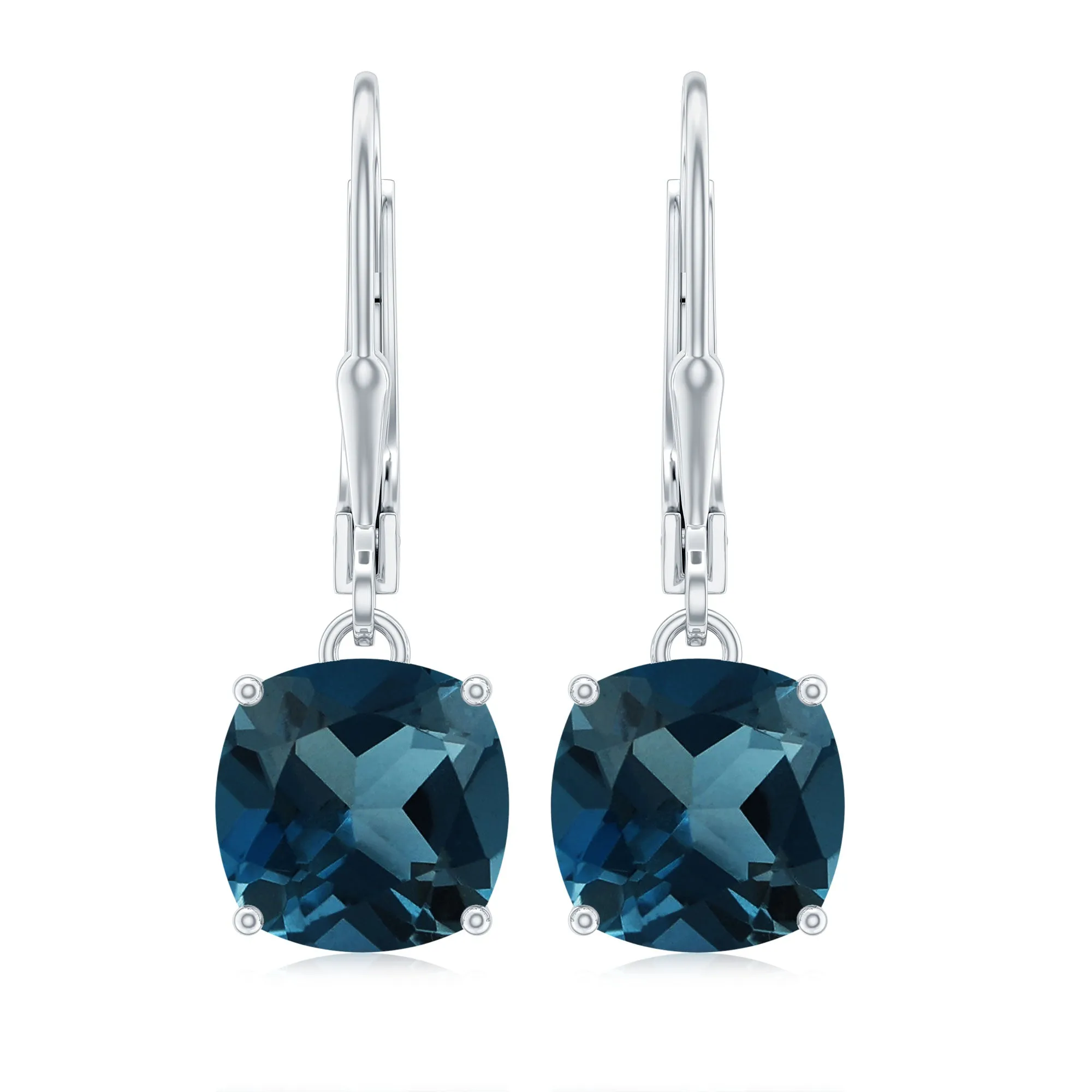Cushion Cut London Blue Topaz Drop Lever Back Earrings