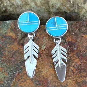 David Rosales Arizona Blue Inlaid Sterling Silver Earrings Feathers