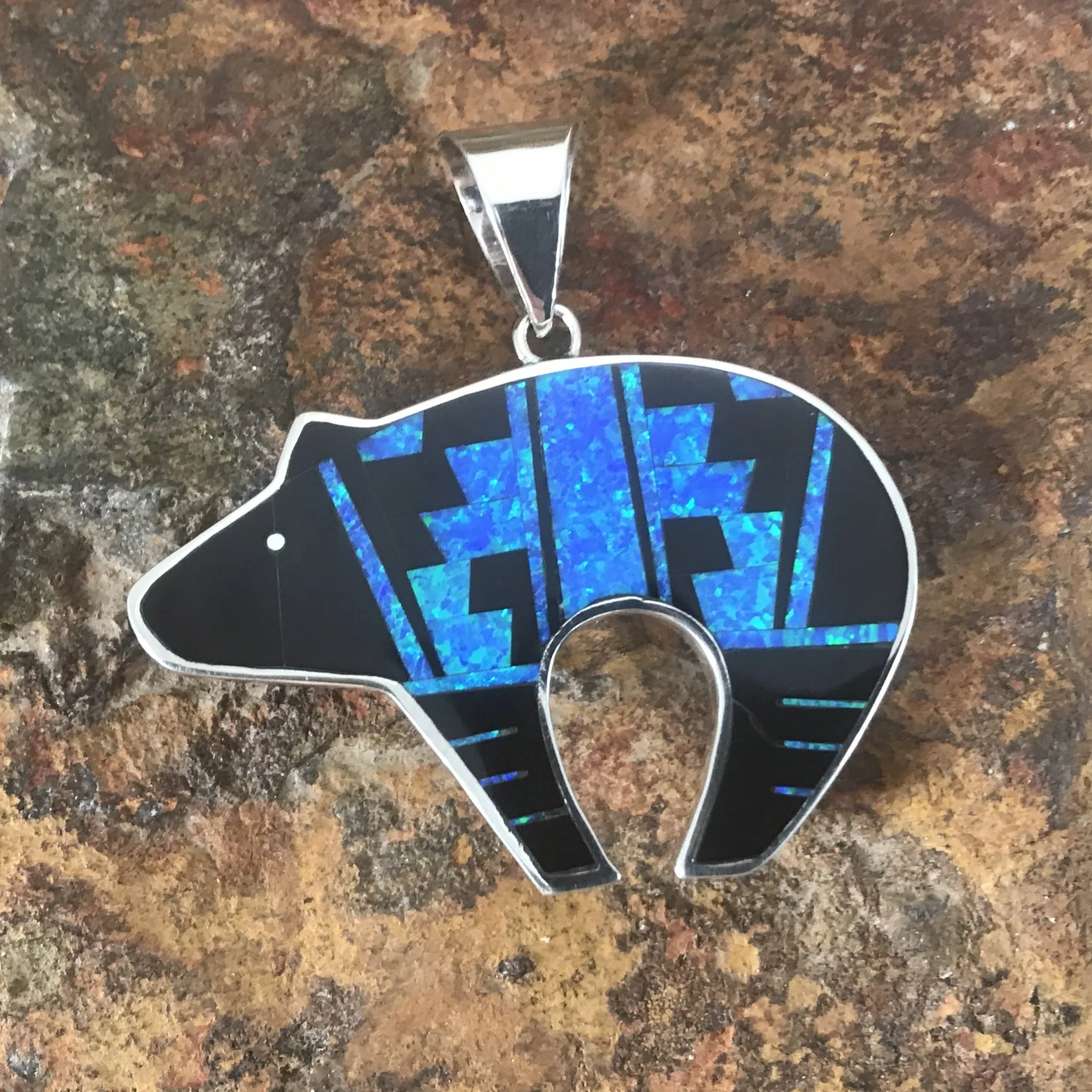 David Rosales Black Beauty Fancy Inlaid Sterling Silver Pendant Bear Reversible