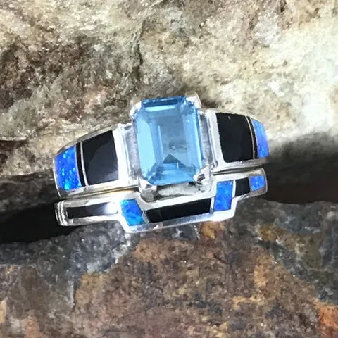 David Rosales Black Beauty Inlaid Sterling Silver Ring Set w/ Blue Topaz