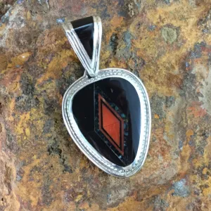 David Rosales Black Jade & Coral Inlaid Sterling Silver Pendant