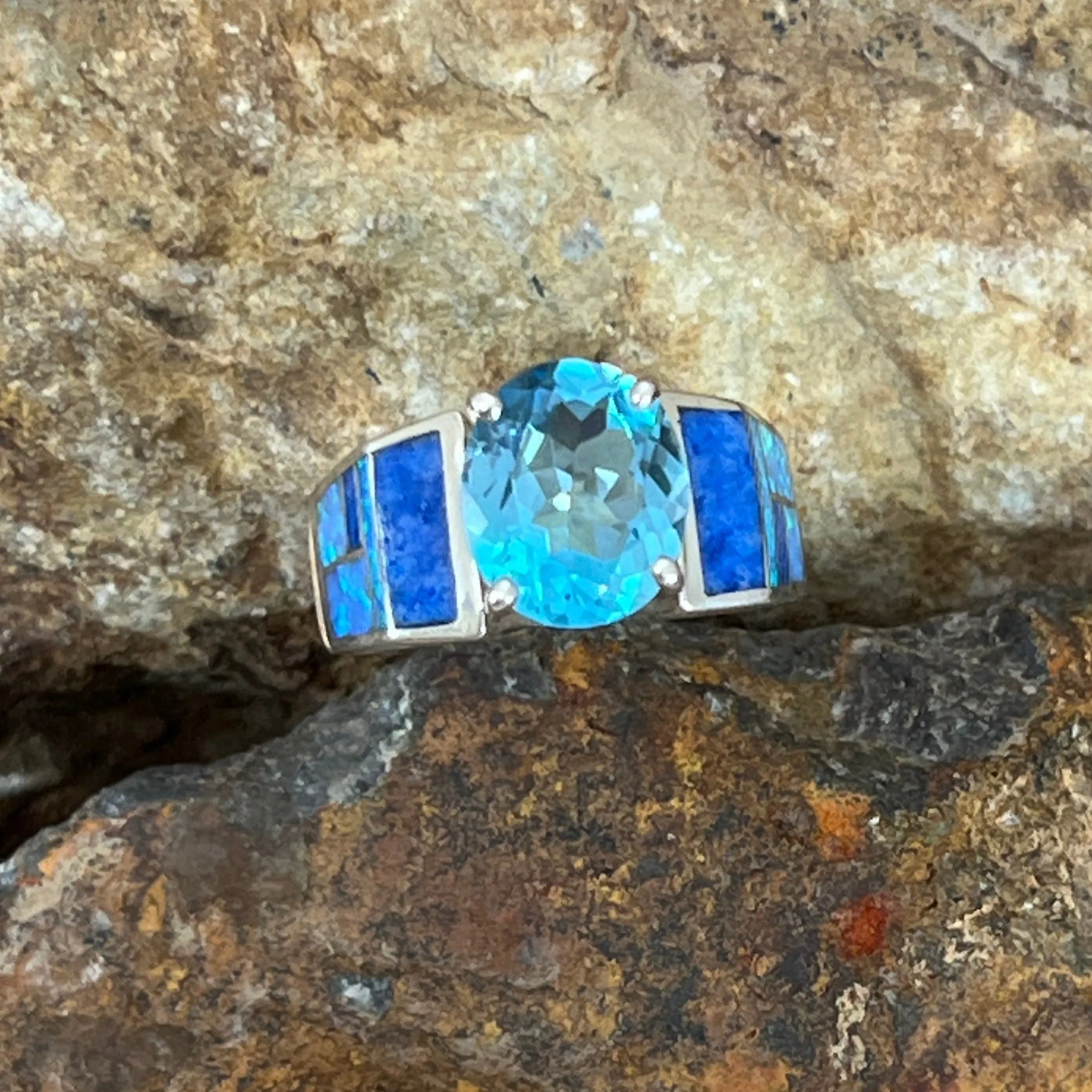 David Rosales Blue Sky Fancy Inlaid Sterling Silver Ring w/ Blue Topaz