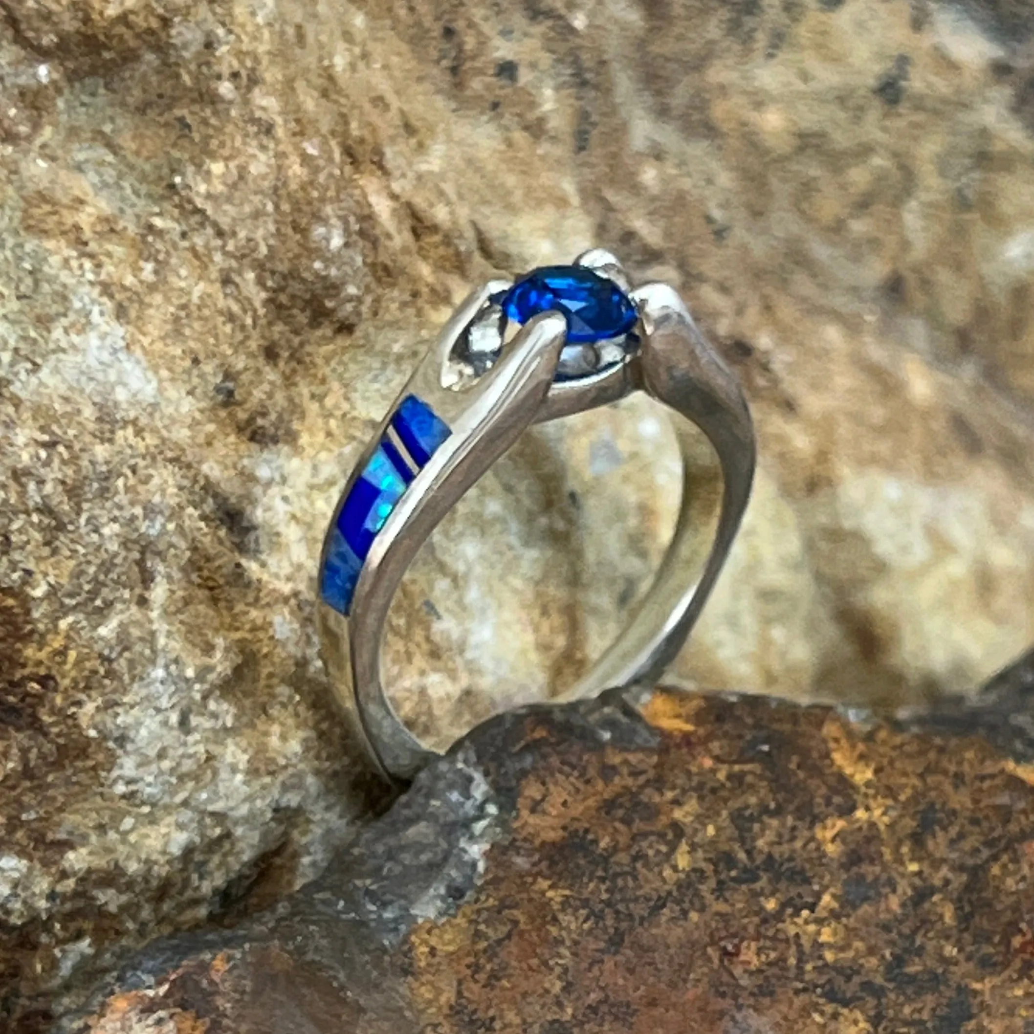 David Rosales Blue Sky Inlaid Sterling Silver Ring w/ Blue Saphire