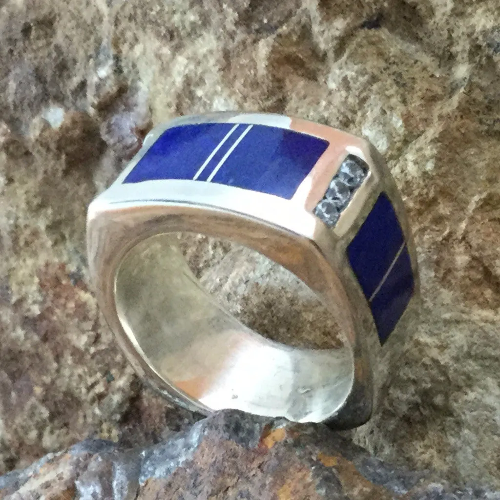 David Rosales Blue Water Inlaid Sterling Silver Ring w/ CZ