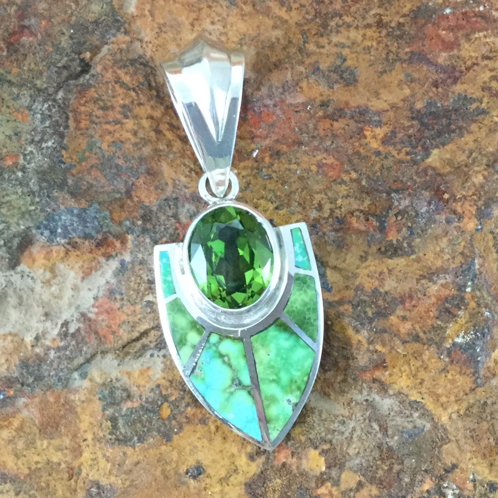 David Rosales Sonoran Gold Inlaid Sterling Silver Pendant w/ Peridot