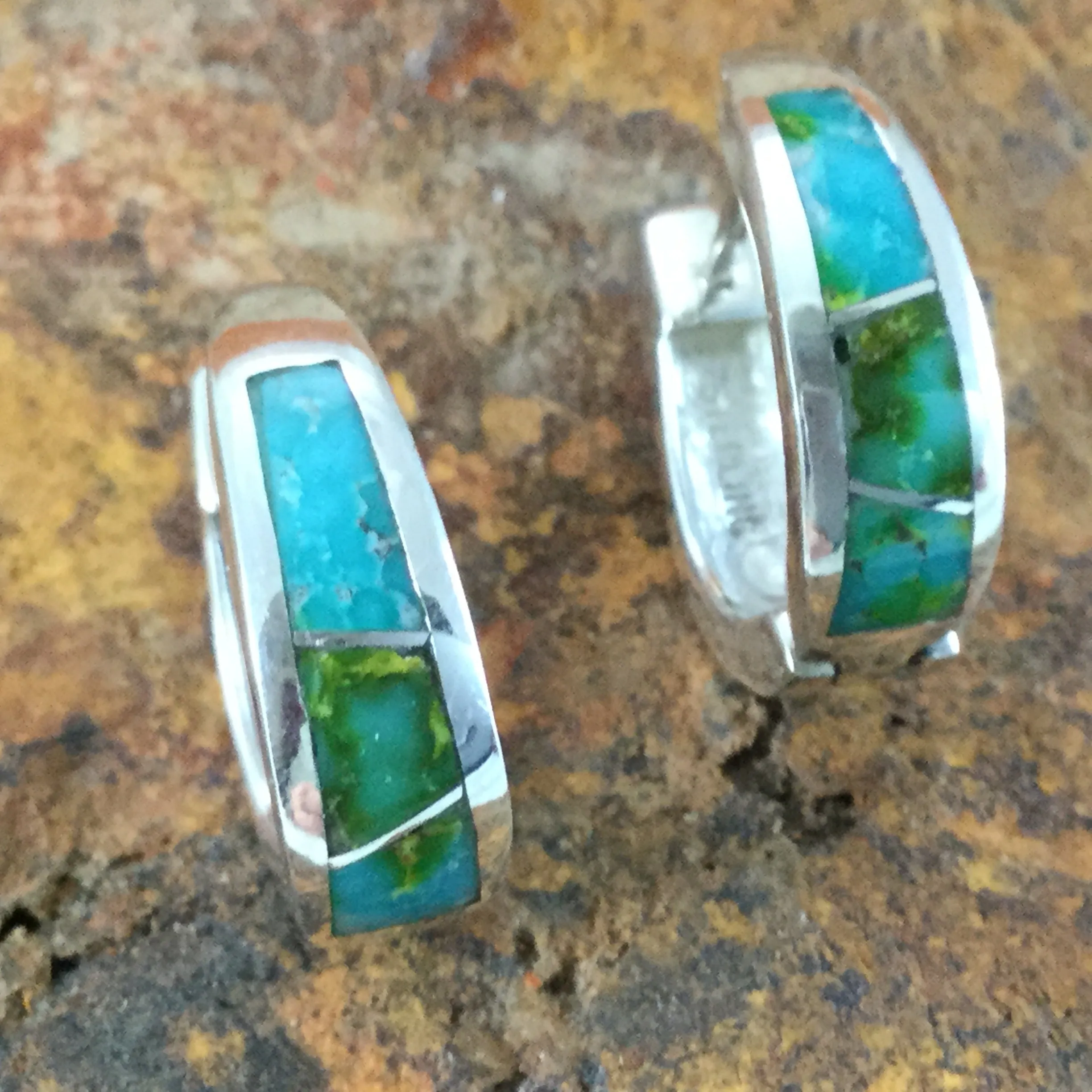 David Rosales Sonoran Gold Turquoise Inlaid Sterling Silver Huggie Earrings