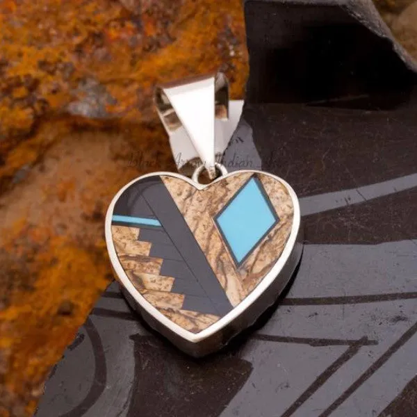 David Rosales Turquoise Creek Fancy Inlaid Sterling Silver Pendant Heart
