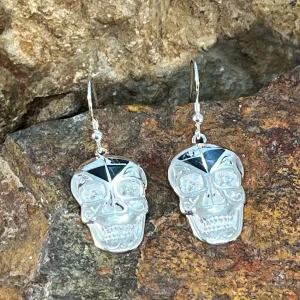 David Rosales White Buffalo Inlaid Sterling Silver Earrings Sugar Skull