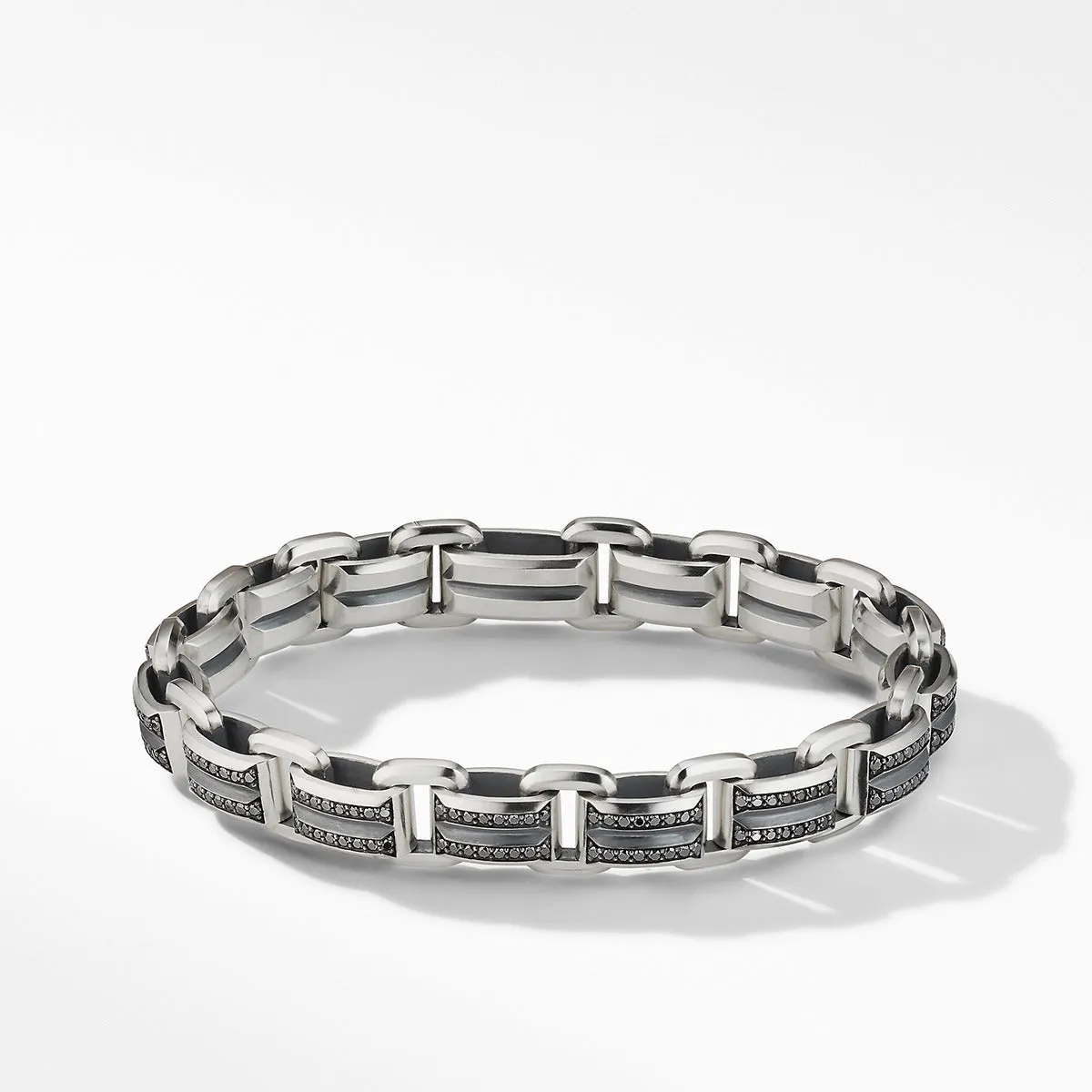 Deco Beveled Link Bracelet in Sterling Silver with Pave Black Diamonds