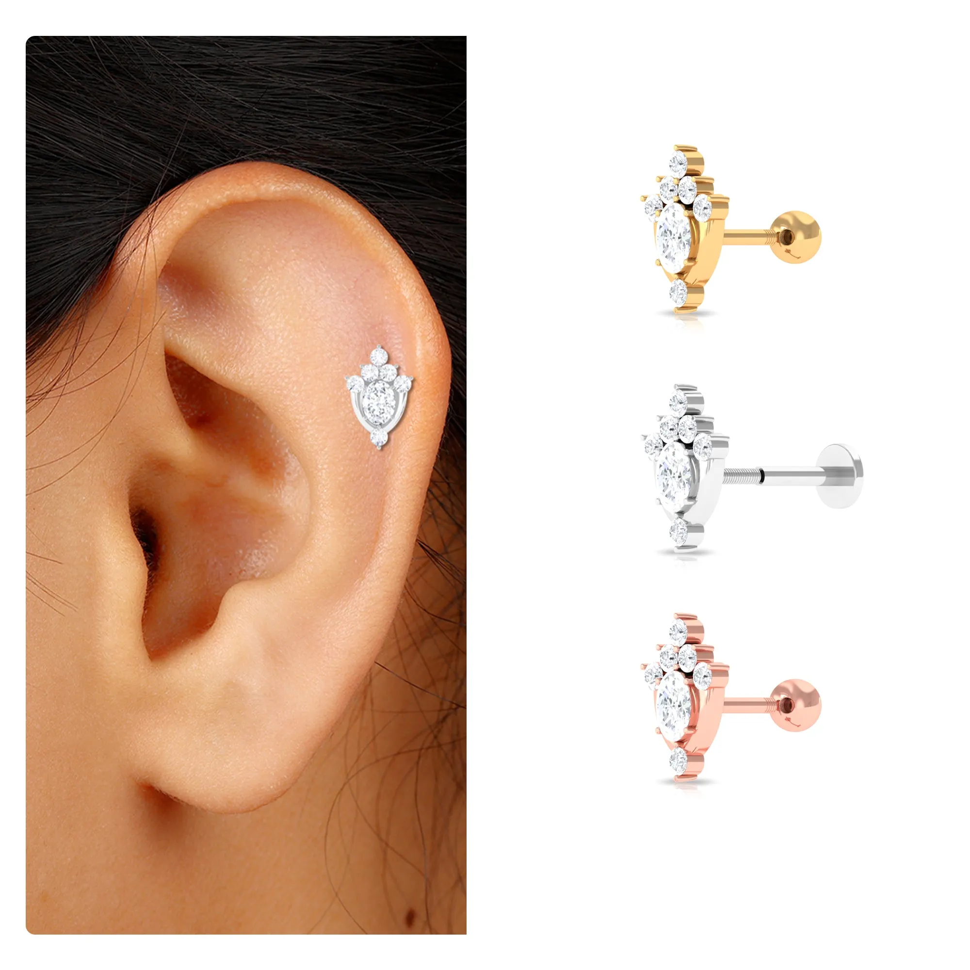 Diamond Floral Cluster Earring for Upper Lobe Piercing