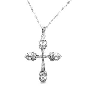 Diamond Set Pierced Fancy Cross Pendant On 16" Necklace
