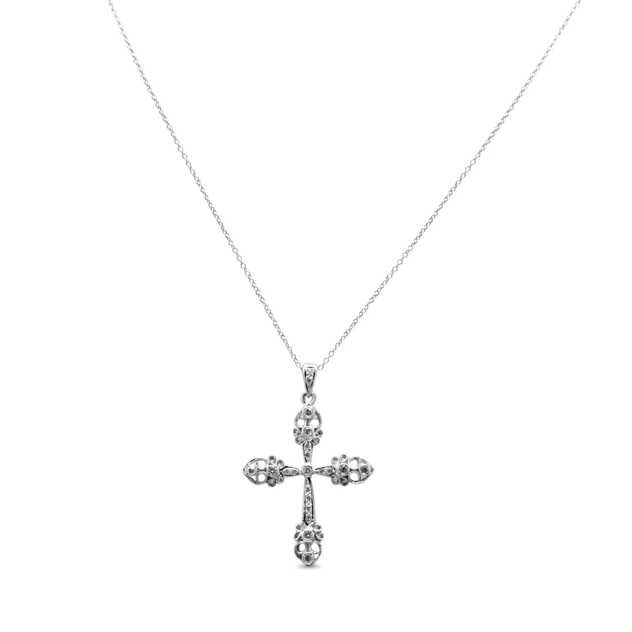 Diamond Set Pierced Fancy Cross Pendant On 16" Necklace