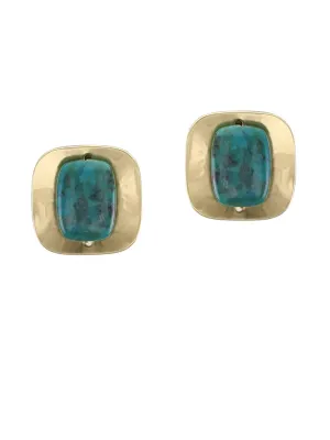 Dished Square with Turquoise Bead Clip Earrings