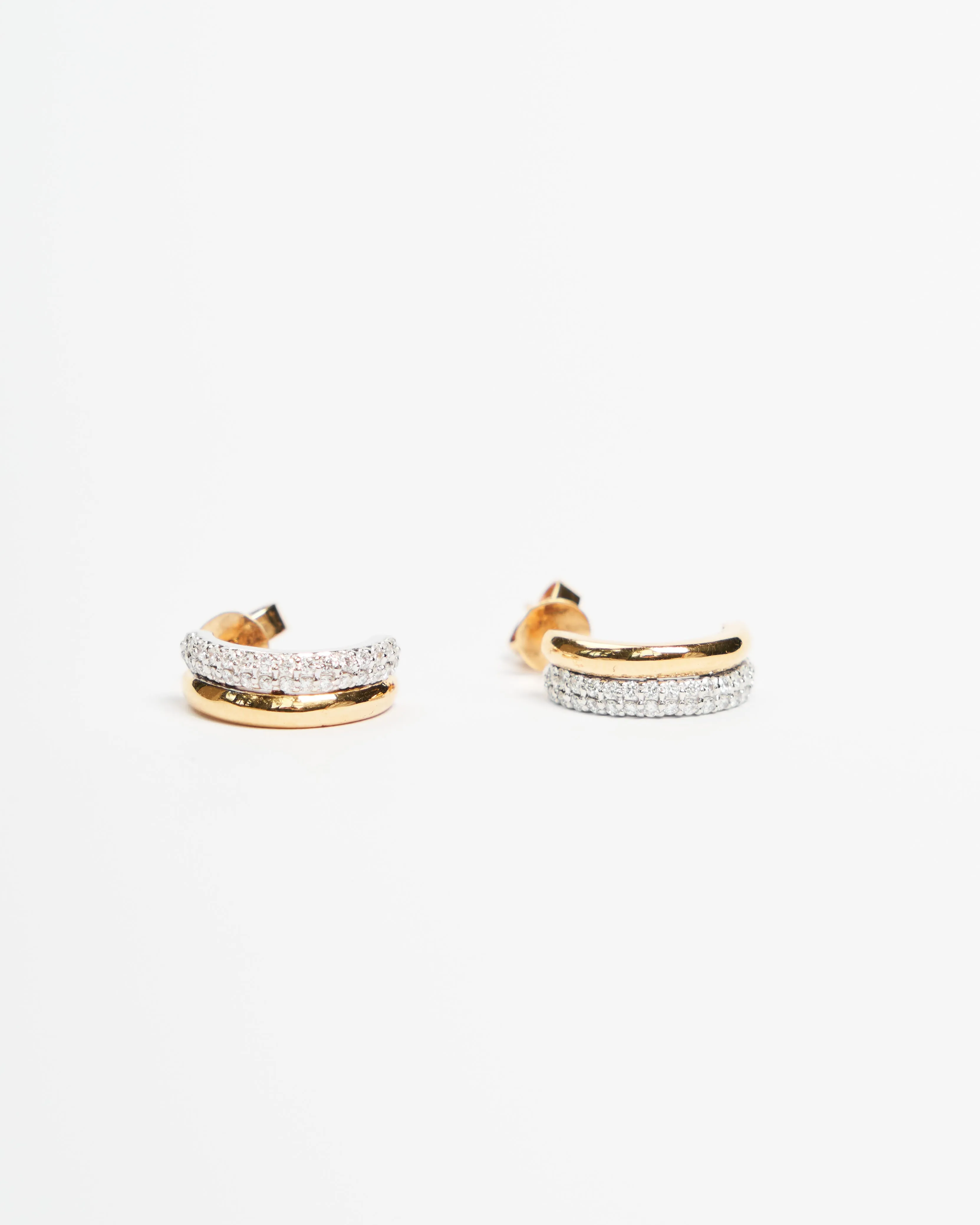 Double Half Hoop with Diamonds Earrings, Solid 14k Gold
