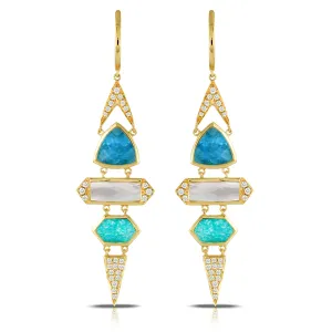 Doves 18K Yellow Gold Drop Earrings with Diamonds, Clear Quartz over Apatite, Clear Quartz over MOP and Clear Quartz over Amazonite