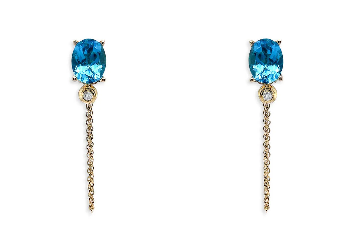 Earrings 18kt Gold Oval Blue Topaz Chain & Diamonds Studs