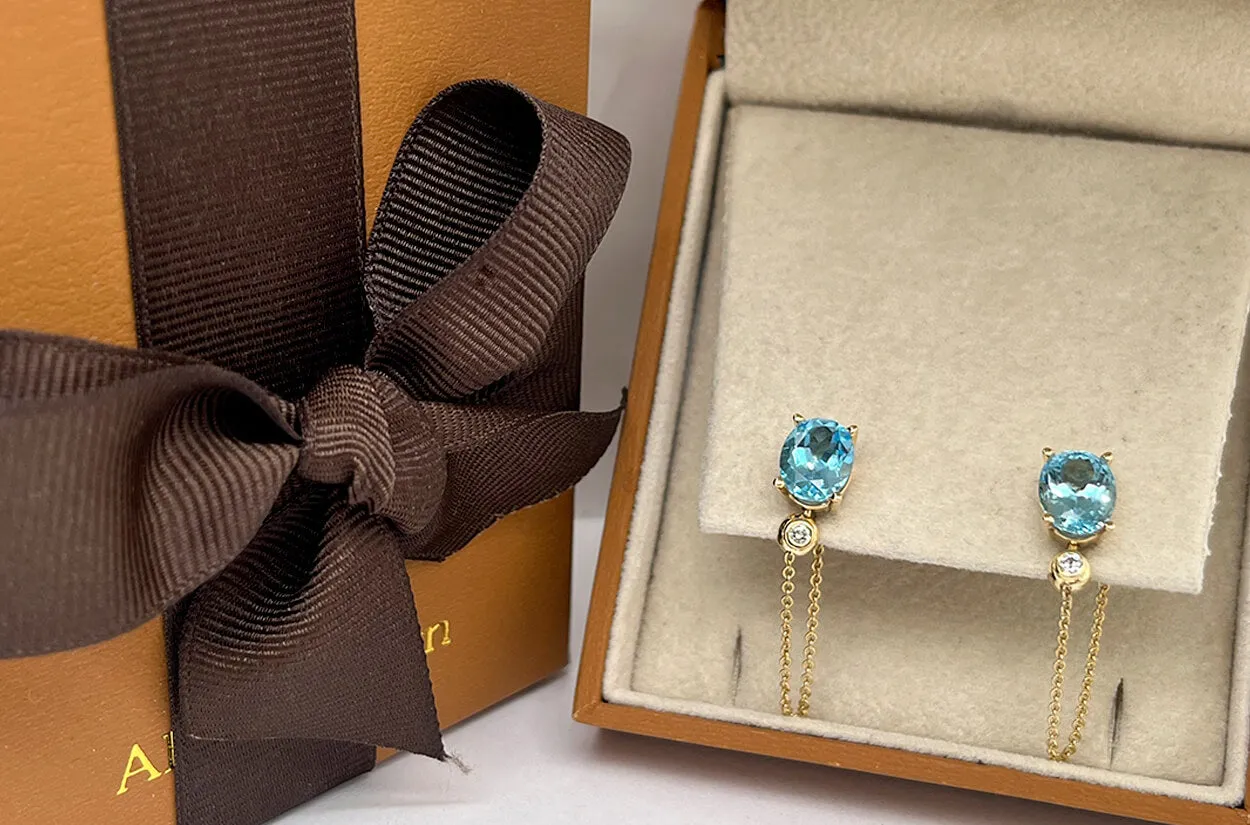 Earrings 18kt Gold Oval Blue Topaz Chain & Diamonds Studs