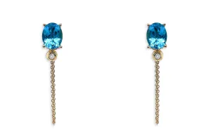 Earrings 18kt Gold Oval Blue Topaz Chain & Diamonds Studs