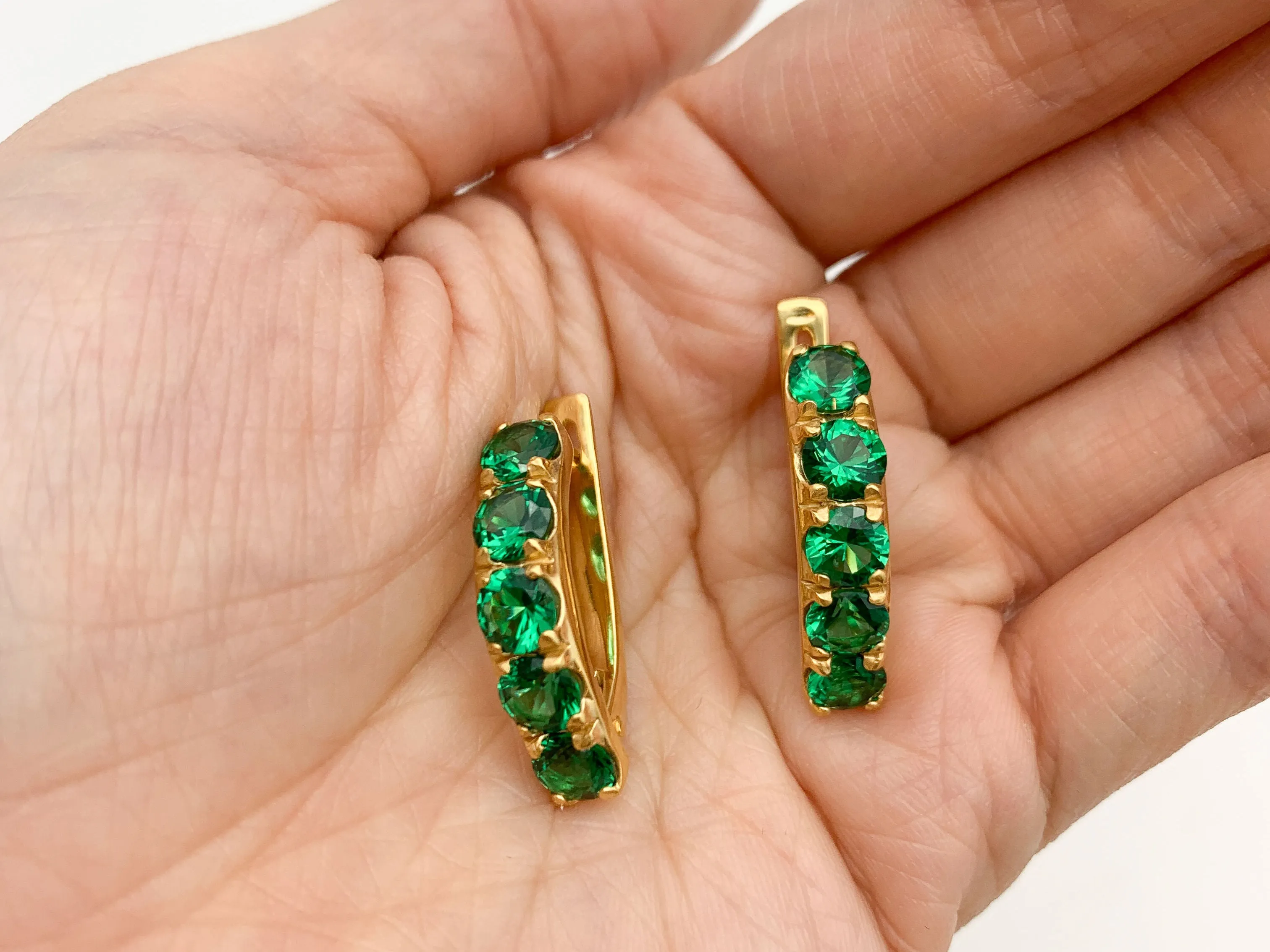 Emerald Gold Earrings - Half Hoops Earrings - Emerald Bar Earrings