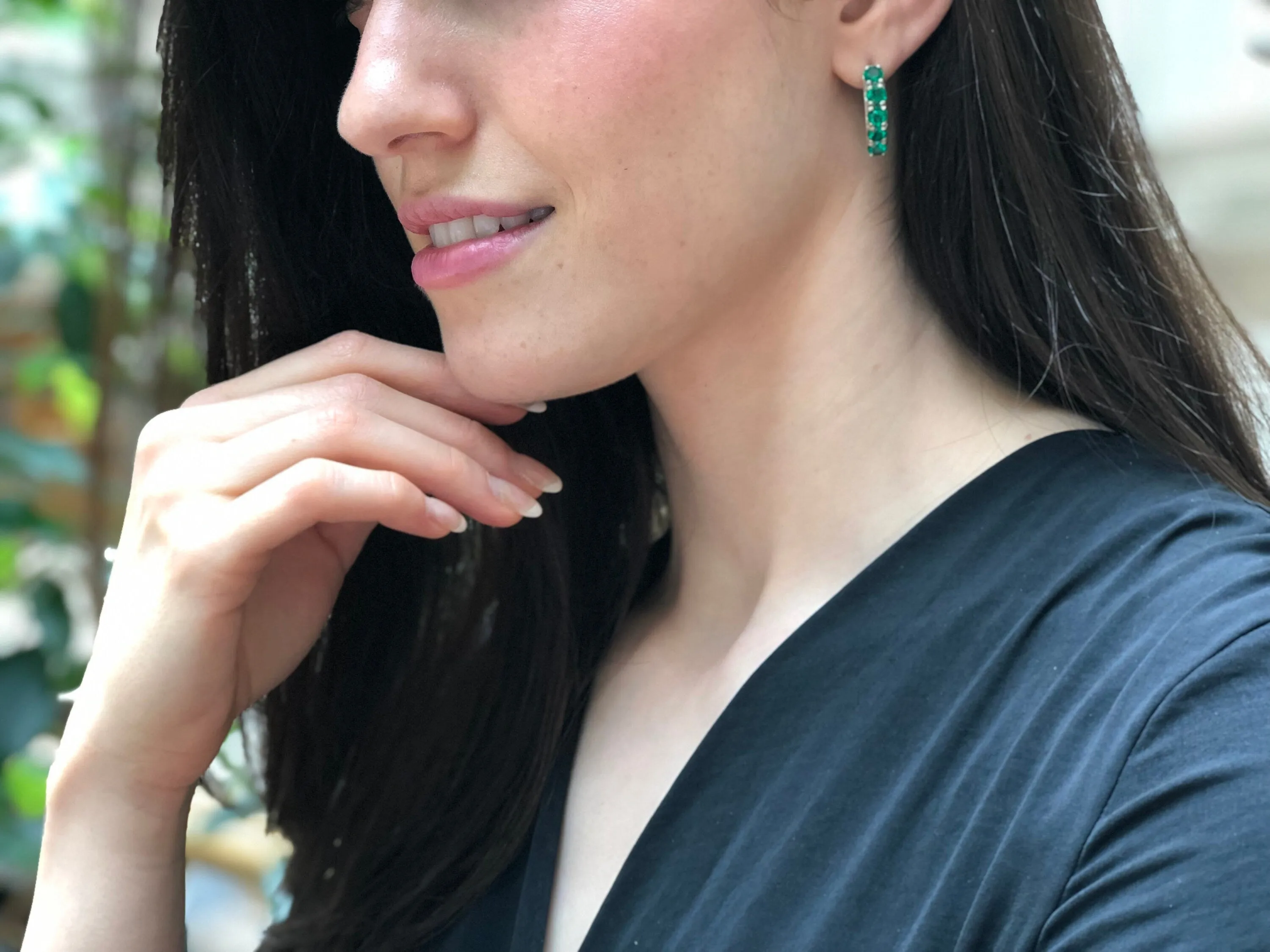 Emerald Gold Earrings - Half Hoops Earrings - Emerald Bar Earrings