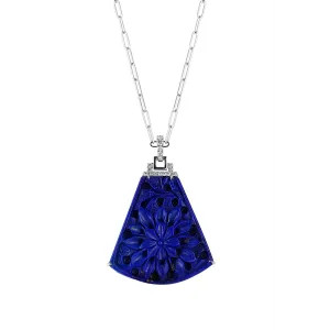 Frederic Sage 14K White Gold Carved Triangular Lapis Pendant with Diamond Bail on Paperclip Chain Necklace