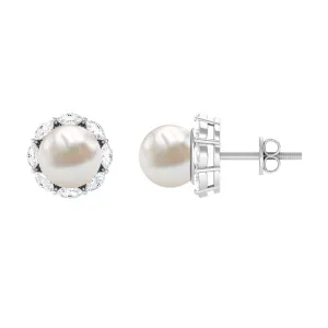 Freshwater Pearl Stud Earrings with Diamond Halo