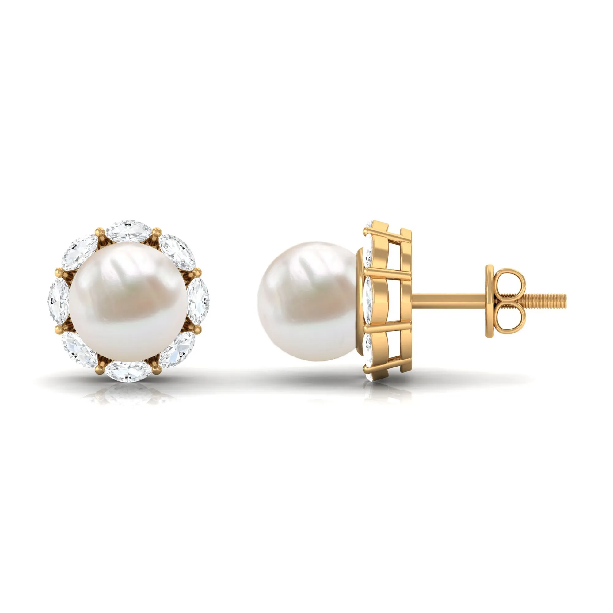 Freshwater Pearl Stud Earrings with Diamond Halo