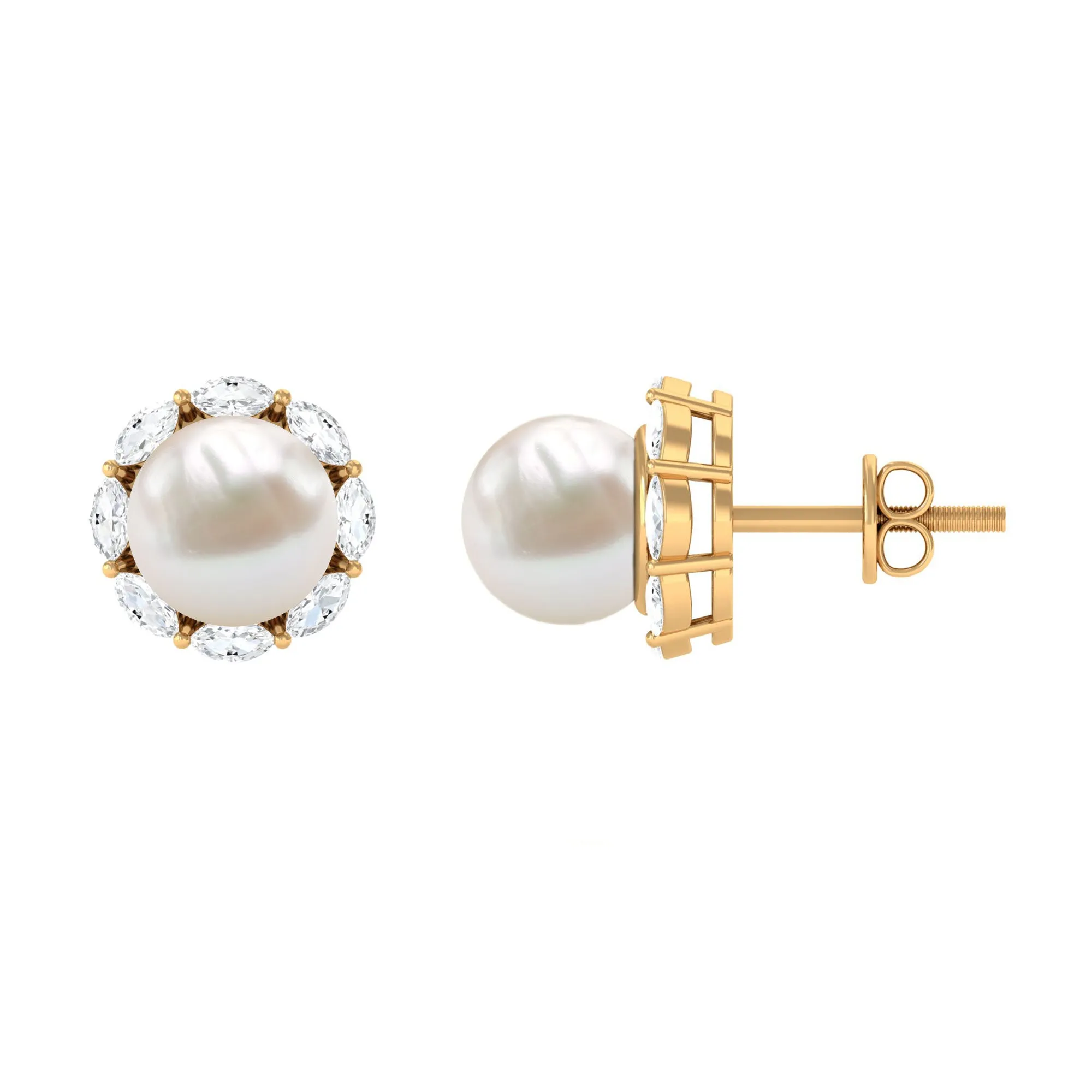 Freshwater Pearl Stud Earrings with Diamond Halo