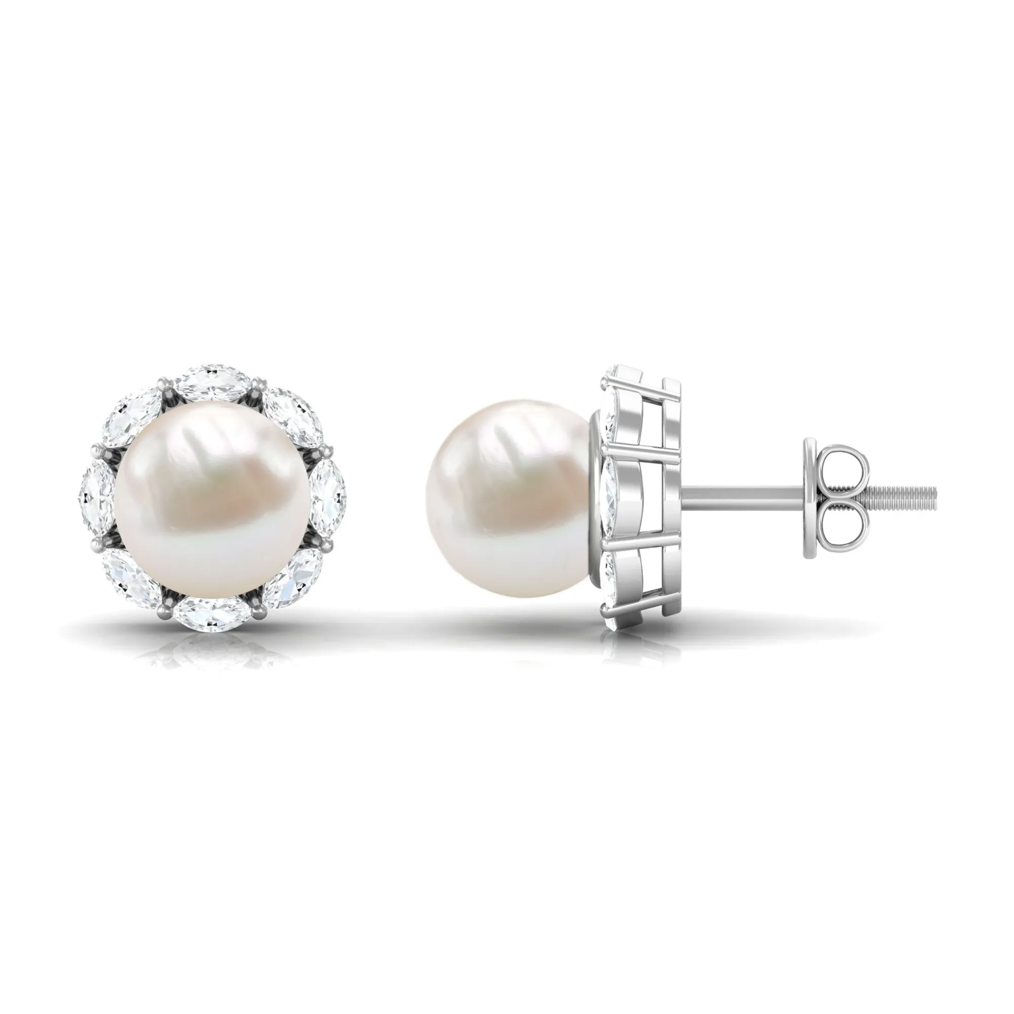 Freshwater Pearl Stud Earrings with Diamond Halo