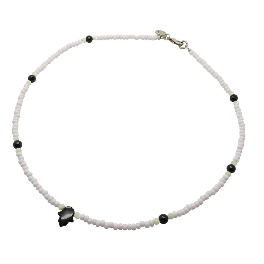 Gemstone Hamsa Hand Amulet Glass Bead Necklace