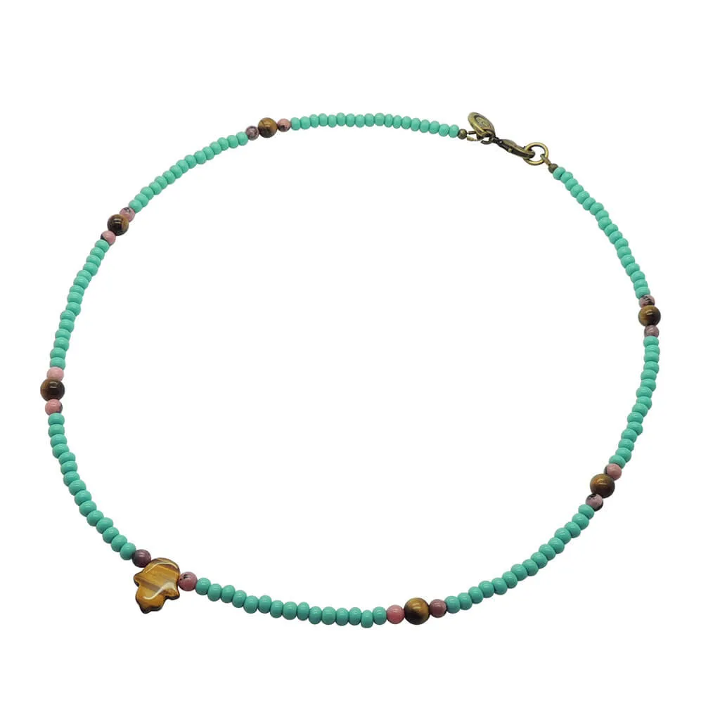 Gemstone Hamsa Hand Amulet Glass Bead Necklace