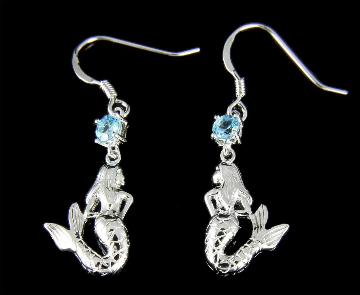 GENUINE BLUE TOPAZ SOLID 925 SILVER HAWAIIAN MERMAID WIRE HOOK EARRINGS RHODIUM (MJ-6)