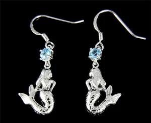 GENUINE BLUE TOPAZ SOLID 925 SILVER HAWAIIAN MERMAID WIRE HOOK EARRINGS RHODIUM (MJ-6)