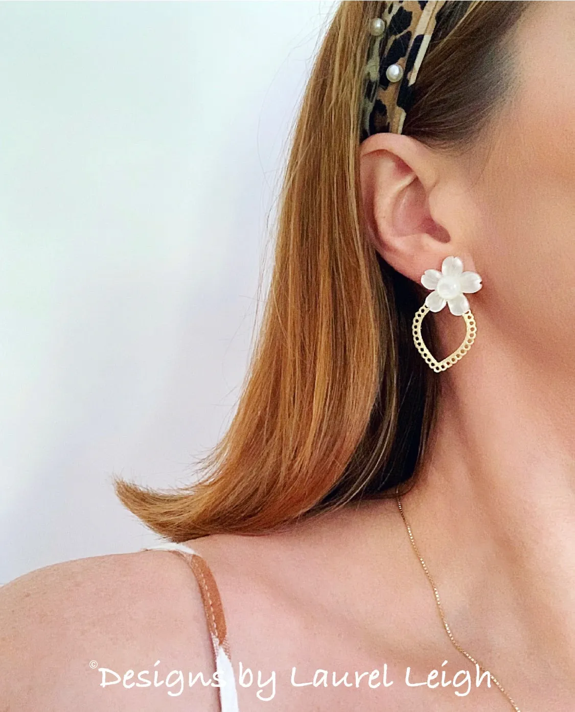 Gold Scalloped Pearl Dogwood Earrings