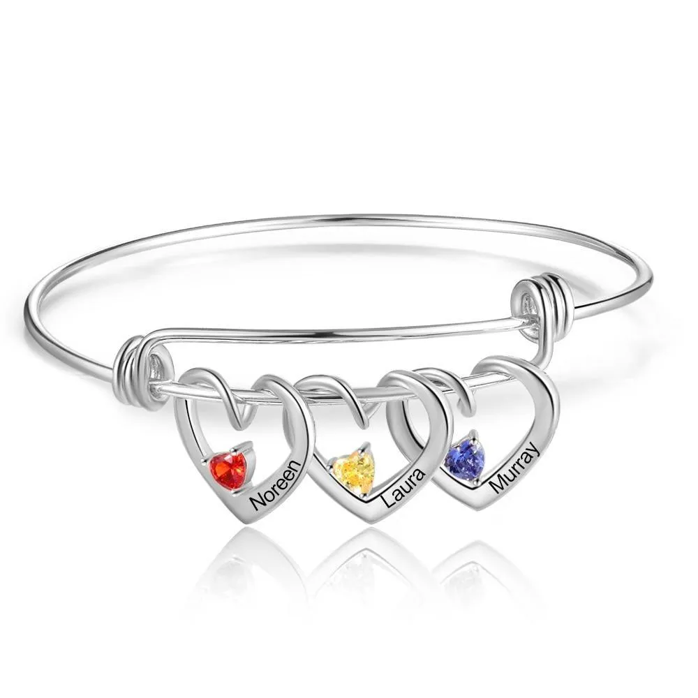 Heart Charm Bracelet, 3-Name Engraving Bracelet- Heart Charm Bracelet for Mom- Personalized Bracelet for Women- Trendy Bracelet for Women- Birthstone Bracelet for Women
