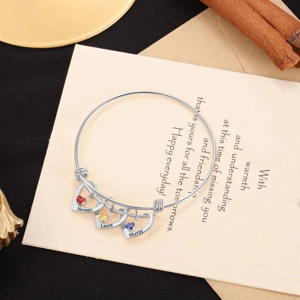Heart Charm Bracelet, 3-Name Engraving Bracelet- Heart Charm Bracelet for Mom- Personalized Bracelet for Women- Trendy Bracelet for Women- Birthstone Bracelet for Women