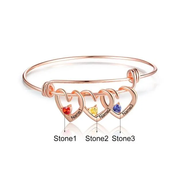 Heart Charm Bracelet, 3-Name Engraving Bracelet- Heart Charm Bracelet for Mom- Personalized Bracelet for Women- Trendy Bracelet for Women- Birthstone Bracelet for Women